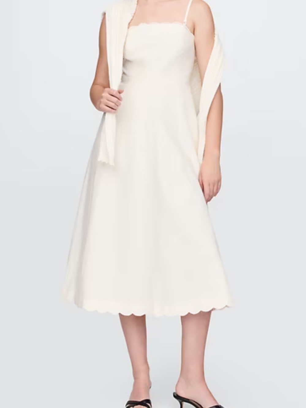 Linen-Blend Scalloped Midi Dress